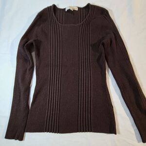 ByDesign Ribbed Sweater Women M Brown Slim Fit Stretch Knit Long Sleeve Top